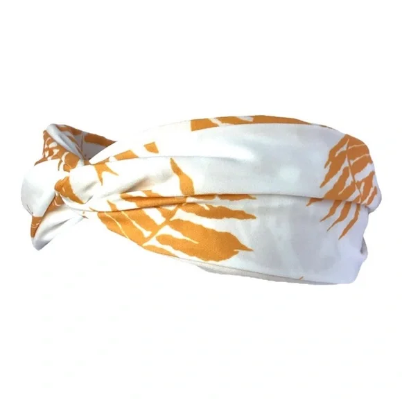 Mustard Yellow White Tropical Print Women's Top Knot Headband - Picture 4 of 5